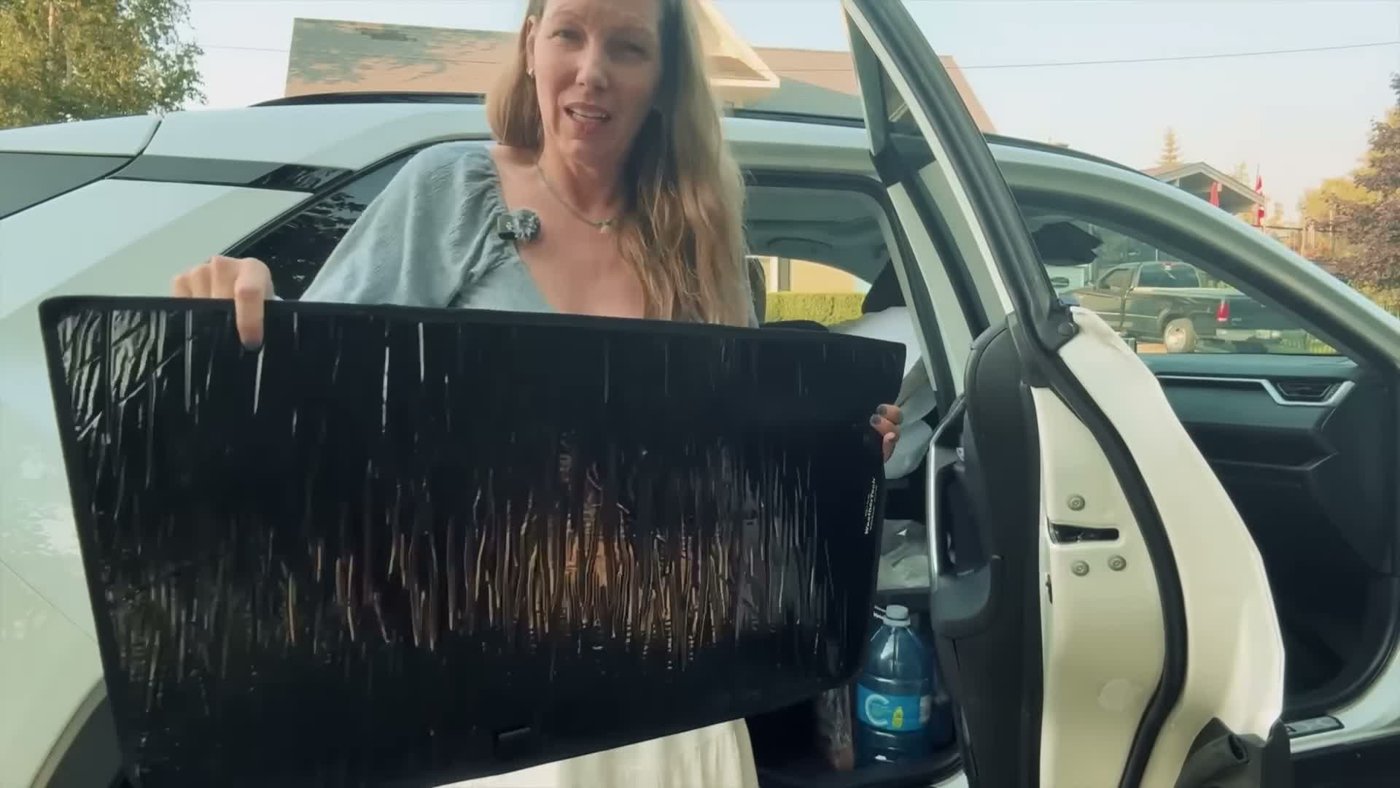 The black side of a WeatherTech rear window cover for a RAV4, held up beside the open door