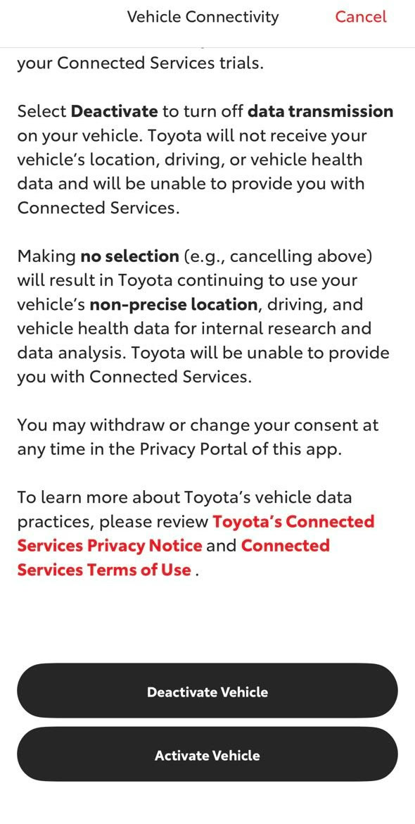 The bottom of the Vehicle Activation screen explaining Deactivate, no selection, and the Privacy Portal, with Deactivate Vehicle and Activate Vehicle buttons