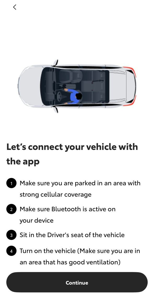 The Toyota app's first linking screen: park with good cell coverage, turn on Bluetooth, sit in the driver's seat, turn on the vehicle