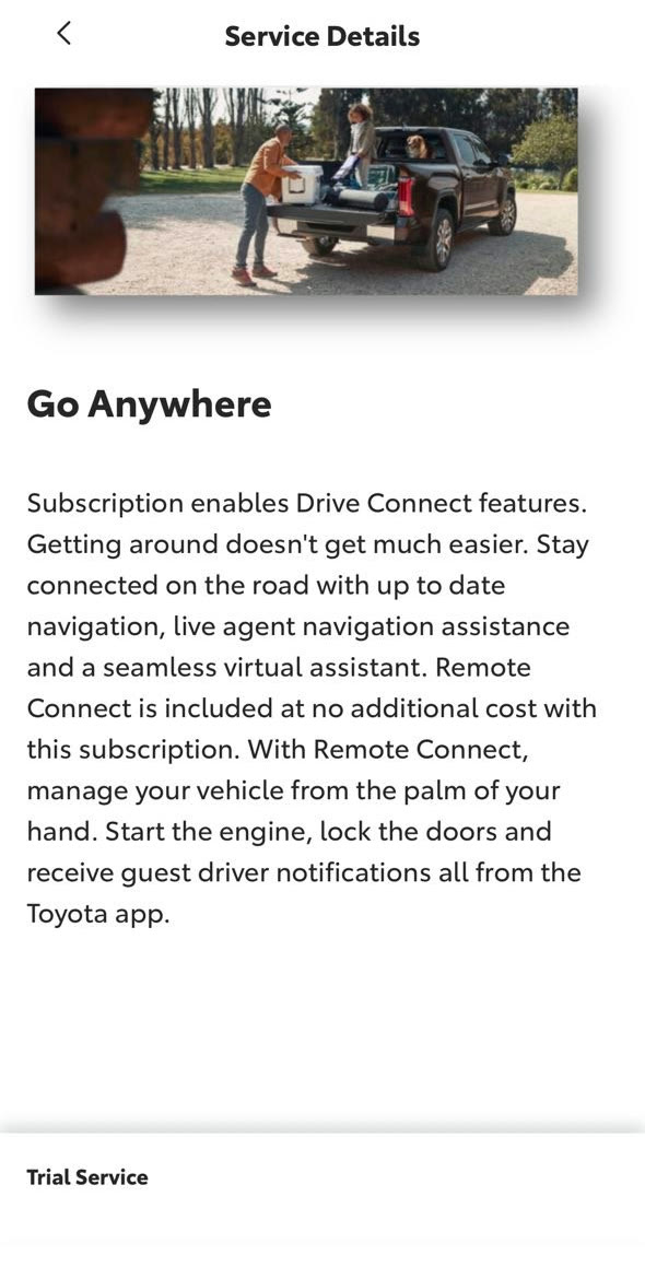 The Toyota app's Go Anywhere plan description