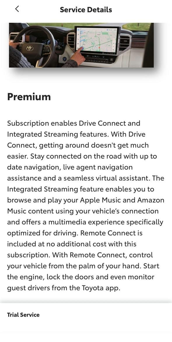 The Toyota app's Premium plan description