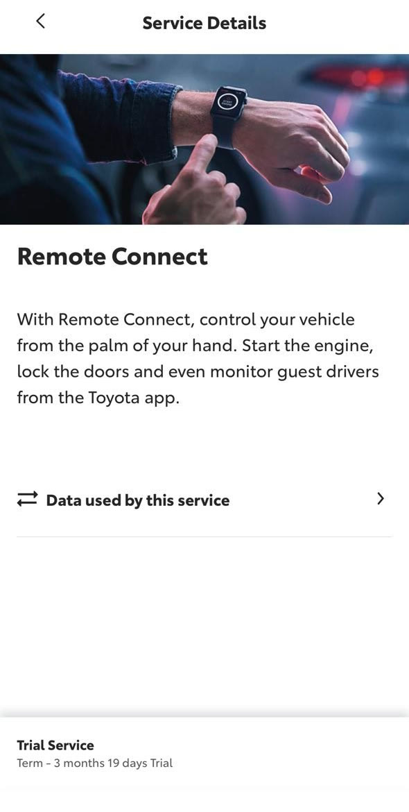The Toyota app's Remote Connect screen, showing a 3 months 19 days trial left