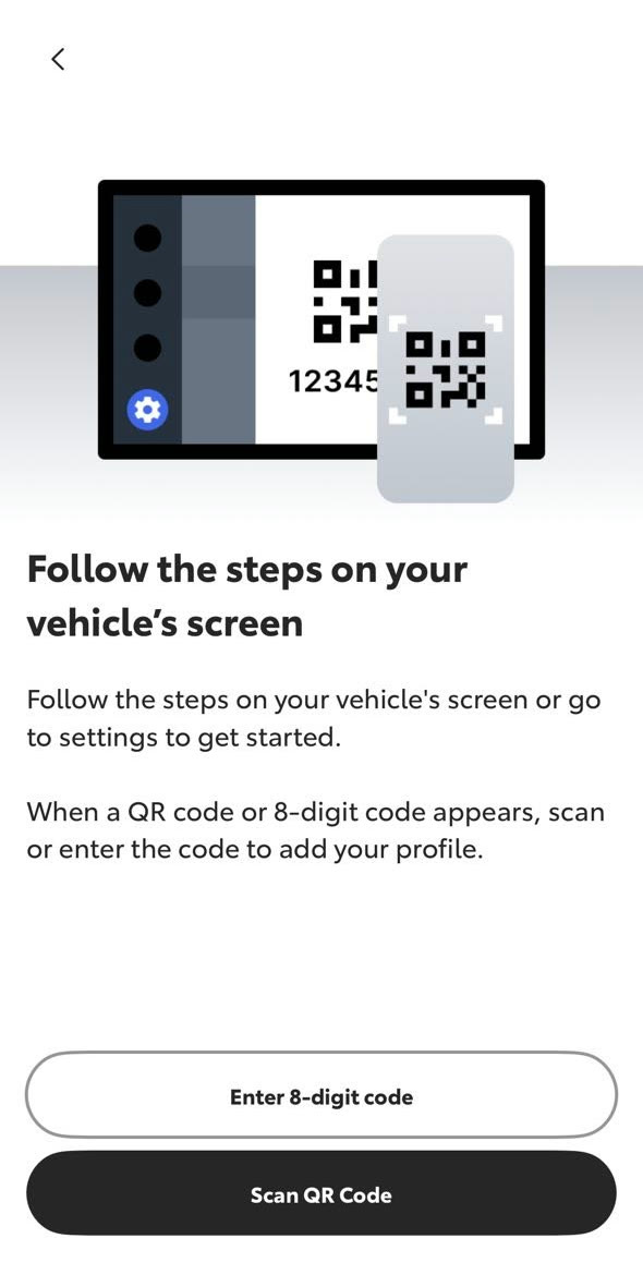 The Toyota app asking you to scan the QR code or enter the 8-digit code shown on the RAV4's screen