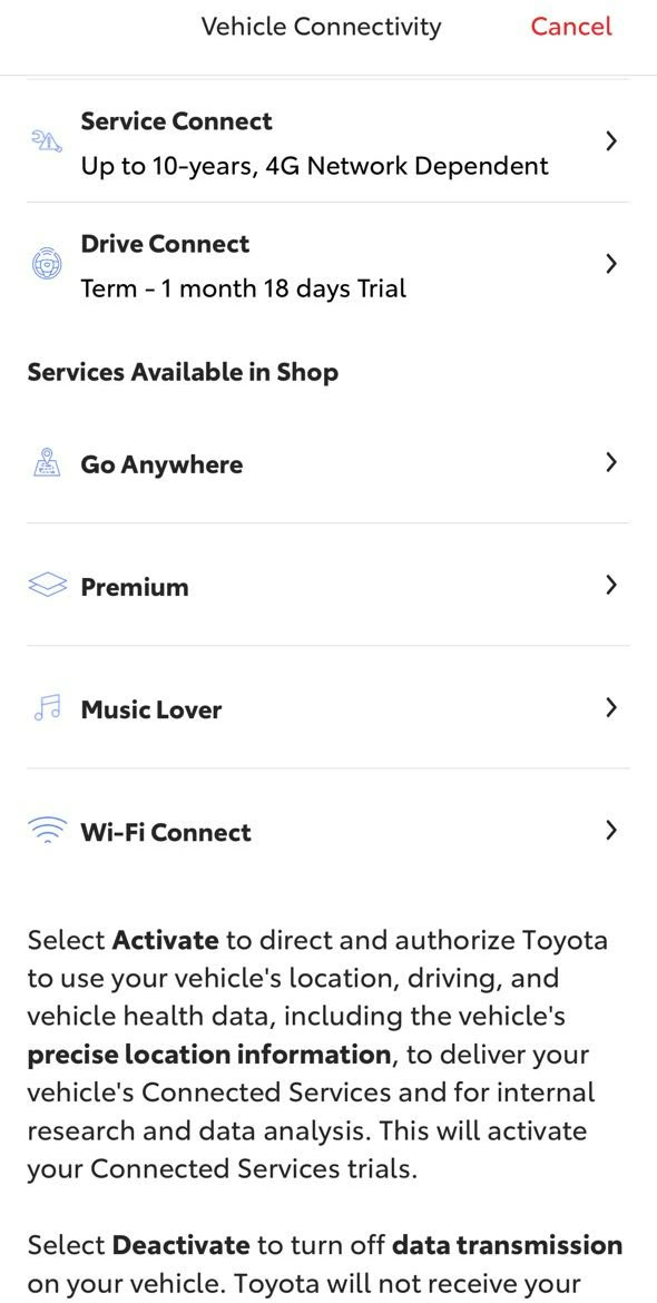 The Toyota app listing Service Connect and Drive Connect trials and the Go Anywhere, Premium, Music Lover and Wi-Fi Connect plans in its Shop