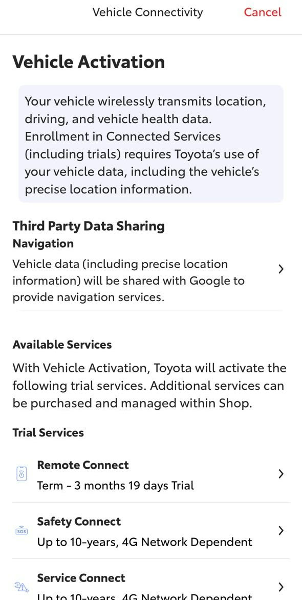 The Vehicle Activation screen explaining that the vehicle transmits location, driving and health data, and listing the trial services