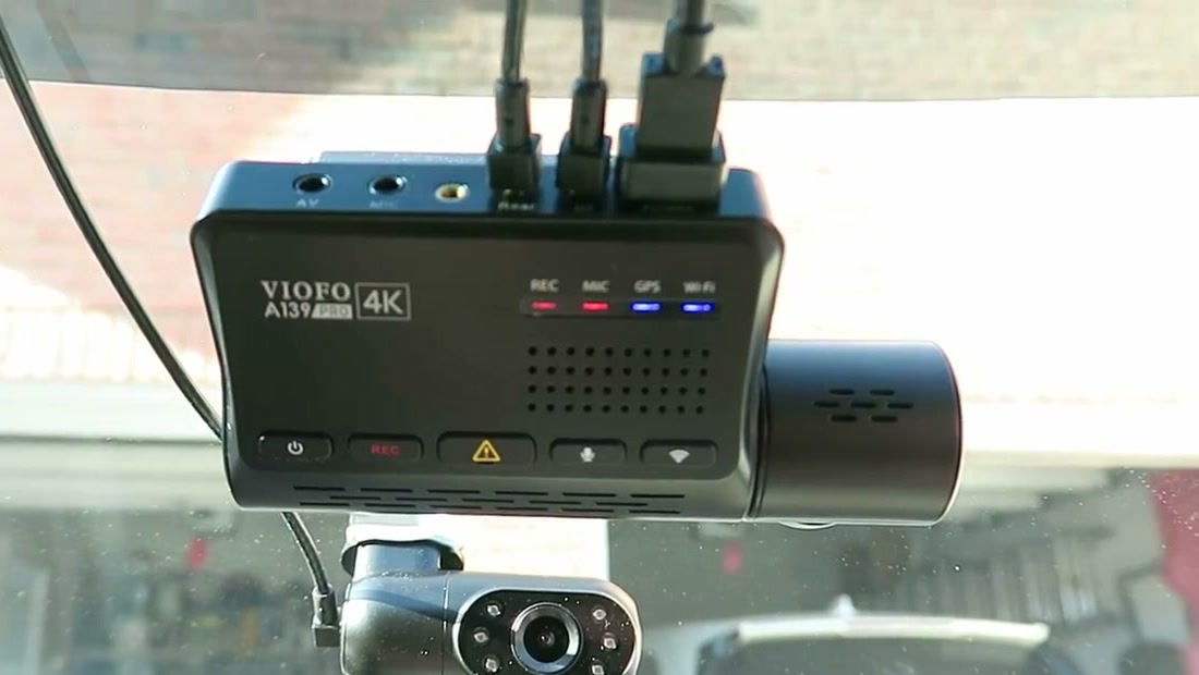 A VIOFO A139 Pro 4K dash cam with its inside camera, mounted on a windshield