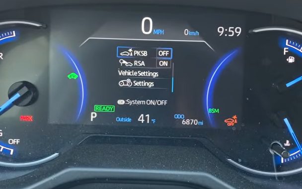 The gauge screen of a 2020 RAV4 Hybrid showing the settings list with the PKSB line switched to OFF, and the orange PKSB OFF light lit at the lower right of the gauge screen