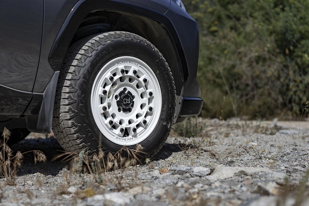 Close-up of the white Black Rhino Fuji wheel and Falken Wildpeak A/T Trail tire