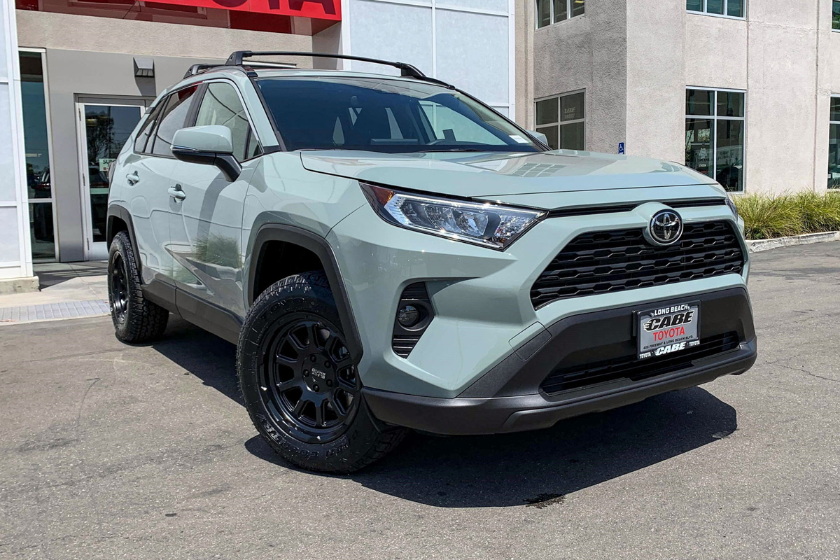 A Lunar Rock 2021 RAV4 XLE on brushed gunmetal Black Rhino Chase wheels and all-terrain tires